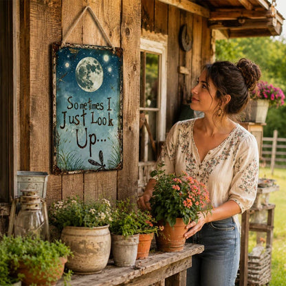 🌙 Plaque en métal rétro Ciel étoilé – « Parfois, je regarde juste en haut... » Décoration murale inspirante