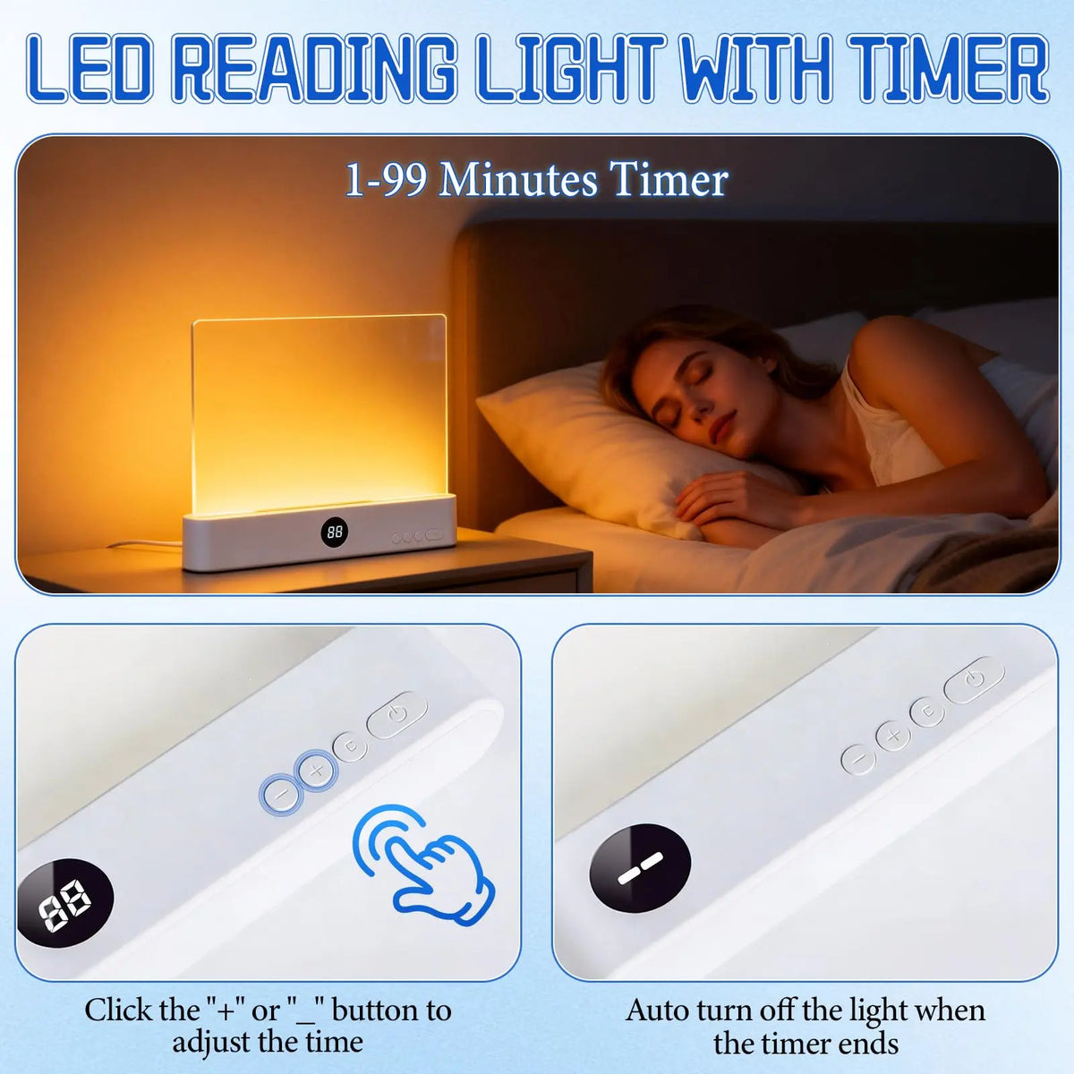 Lampe de lecture LED intelligente – Rechargeable, luminosité réglable et fonction minuterie, lampe de chevet au design plat pour une lecture nocturne confortable et cadeau original pour lecteur