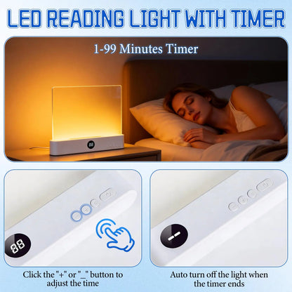 Lampe de lecture LED intelligente – Rechargeable, luminosité réglable et fonction minuterie, lampe de chevet au design plat pour une lecture nocturne confortable et cadeau original pour lecteur