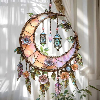 🌙Décoration de fenêtre peinte à la main avec lune et fleurs💖