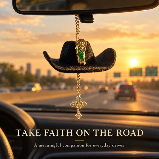 St. Jude Car Blessing Charm – Handmade Protection Ornament with Black Sombrero | Car Trinket & Decoration Gift