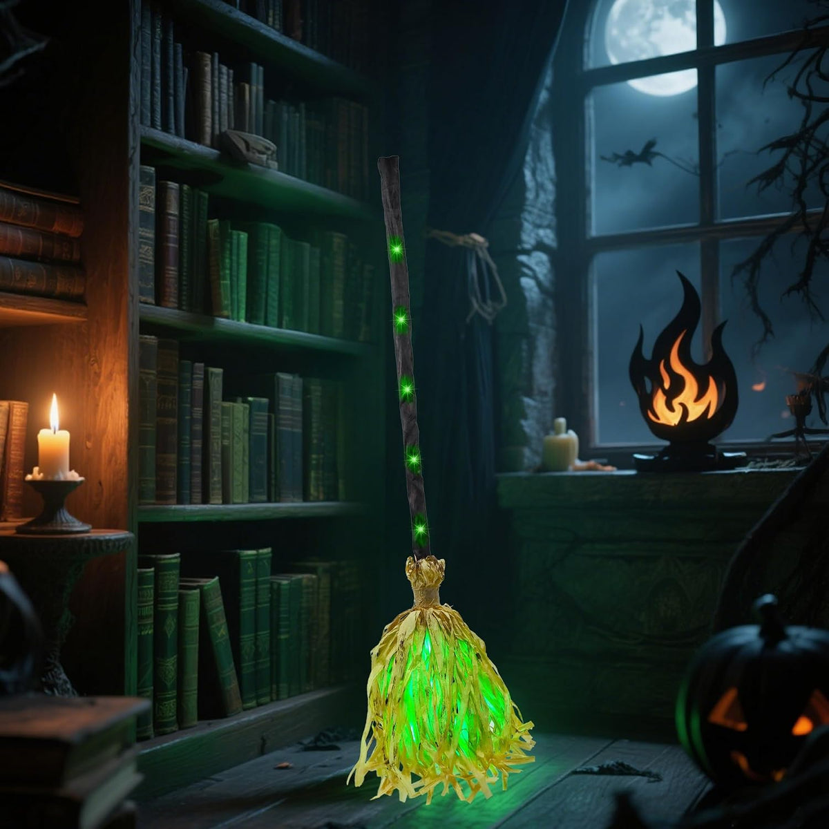 Balai de sorcière dansant animé avec LED vertes & rire effrayant
