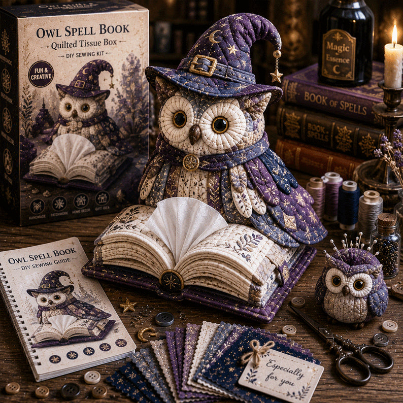 🦉 Kit de couture DIY Boîte à mouchoirs matelassée Hibou Sage