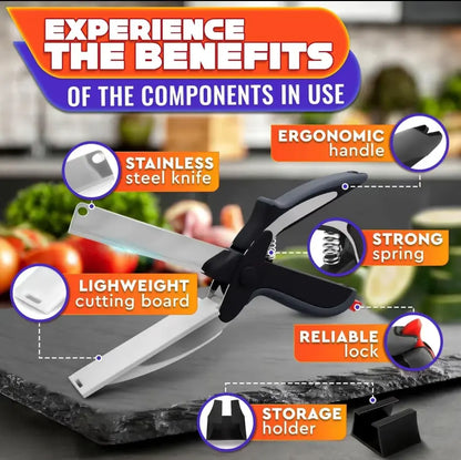 Ciseaux de cuisine 2-en-1 avec planche à découper – Coupe-aliment en acier inoxydable pour viande, légumes, fruits et fromage