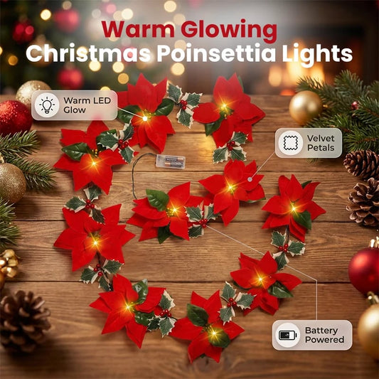 🎄 Guirlande lumineuse de Noël Poinsettia – Ajoutez une lueur chaleureuse de fêtes ✨