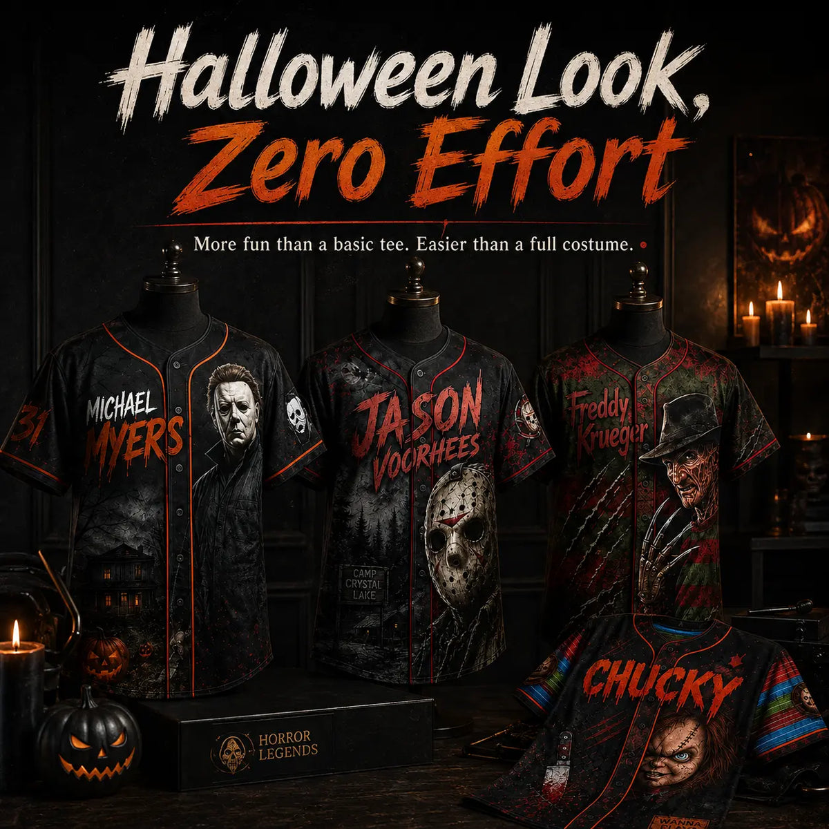 Maillot de baseball horreur slasher, T-shirt avec des personnages de films d’horreur classiques, Uniforme d’Halloween pour une équipe effrayante, Déguisements pour soirée d’Halloween, Cadeaux d’Halloween