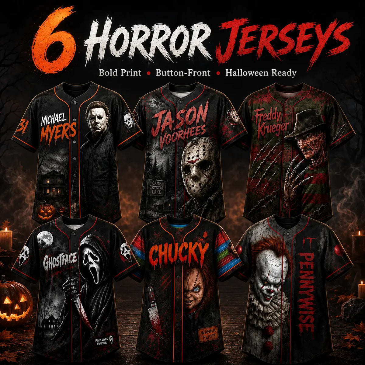 Maillot de baseball horreur slasher, T-shirt avec des personnages de films d’horreur classiques, Uniforme d’Halloween pour une équipe effrayante, Déguisements pour soirée d’Halloween, Cadeaux d’Halloween