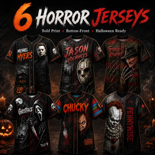 Maillot de baseball horreur slasher, T-shirt avec des personnages de films d’horreur classiques, Uniforme d’Halloween pour une équipe effrayante, Déguisements pour soirée d’Halloween, Cadeaux d’Halloween