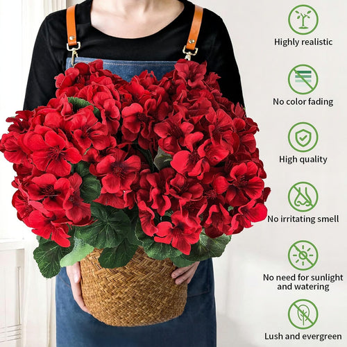 Géraniums artificiels résistants aux UV – Fausses fleurs rouges d'extérieur pour terrasse, jardin et décoration intérieure