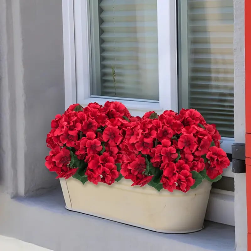 Géraniums artificiels résistants aux UV – Fausses fleurs rouges d'extérieur pour terrasse, jardin et décoration intérieure