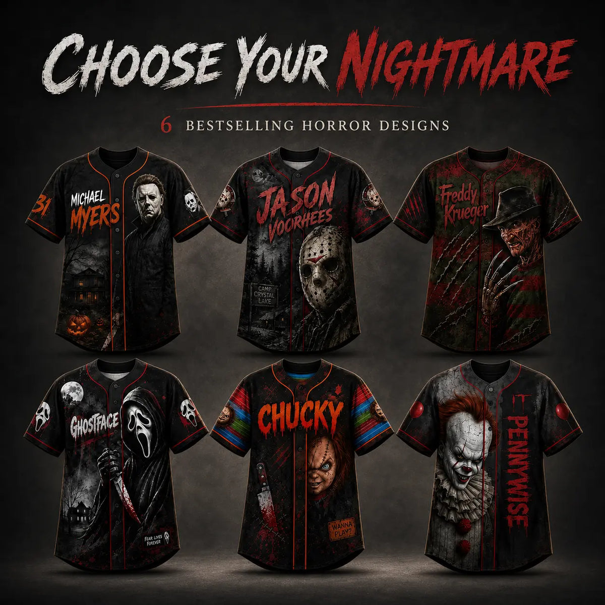 Maillot de baseball horreur slasher, T-shirt avec des personnages de films d’horreur classiques, Uniforme d’Halloween pour une équipe effrayante, Déguisements pour soirée d’Halloween, Cadeaux d’Halloween