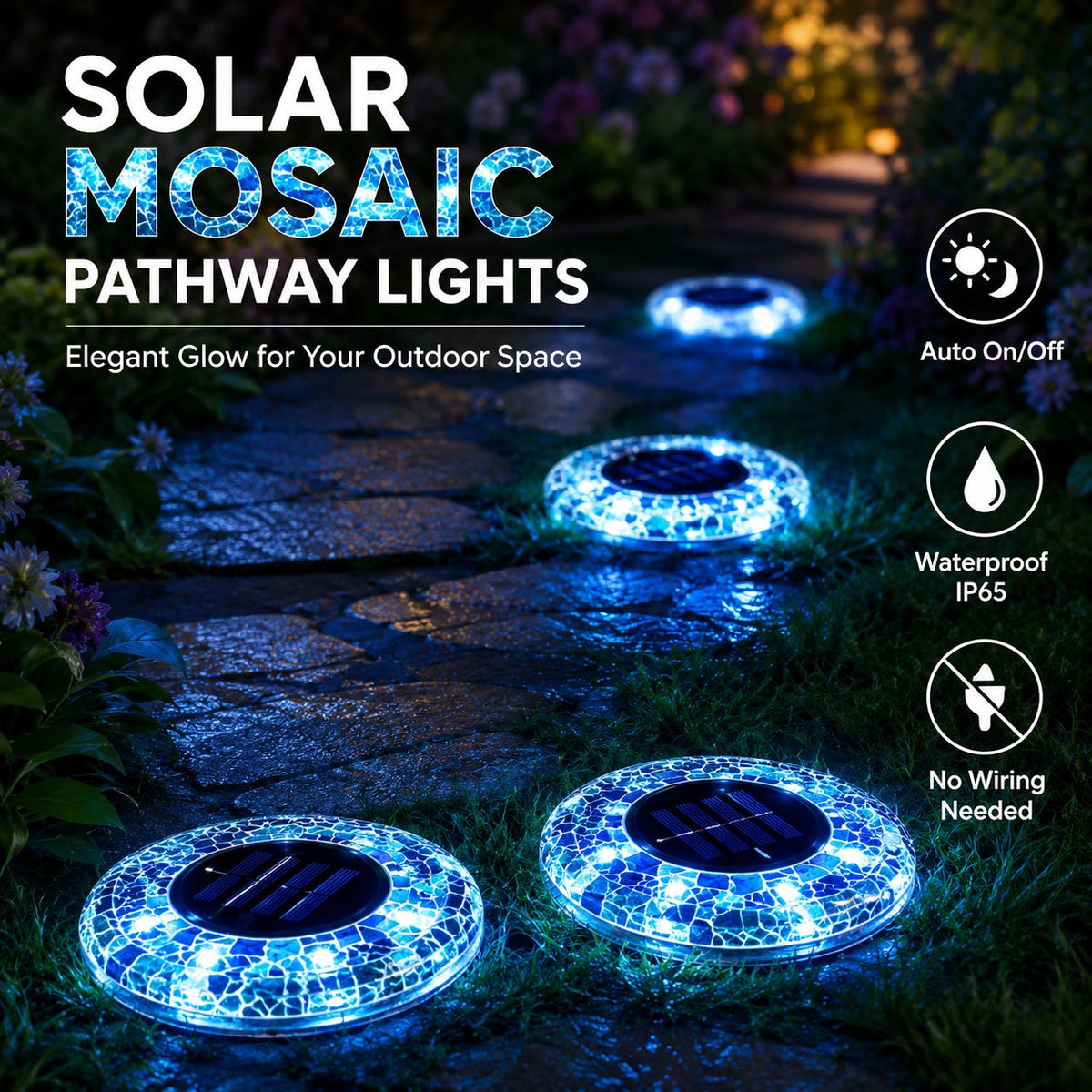 Lampes solaires LED en forme de disque en mosaïque pour allée extérieure