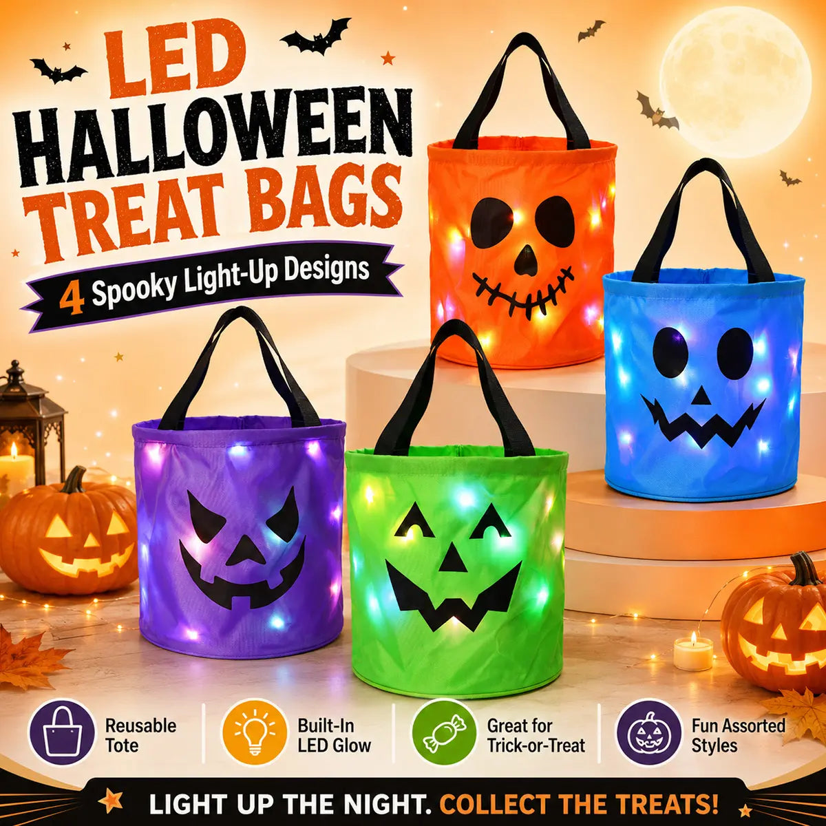 🎃 Seau à bonbons d'Halloween avec lumières LED Sacs cadeaux en non-tissé Sacs pour des bonbons ou des farces Sacs à bonbons citrouille Sacs fourre-tout réutilisables 👻