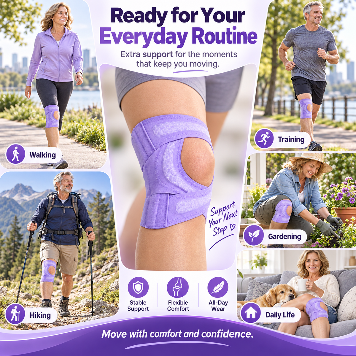 💜 Genouillère réglable ouverte sur la rotule – Stabilisateurs flexibles et compression sur mesure