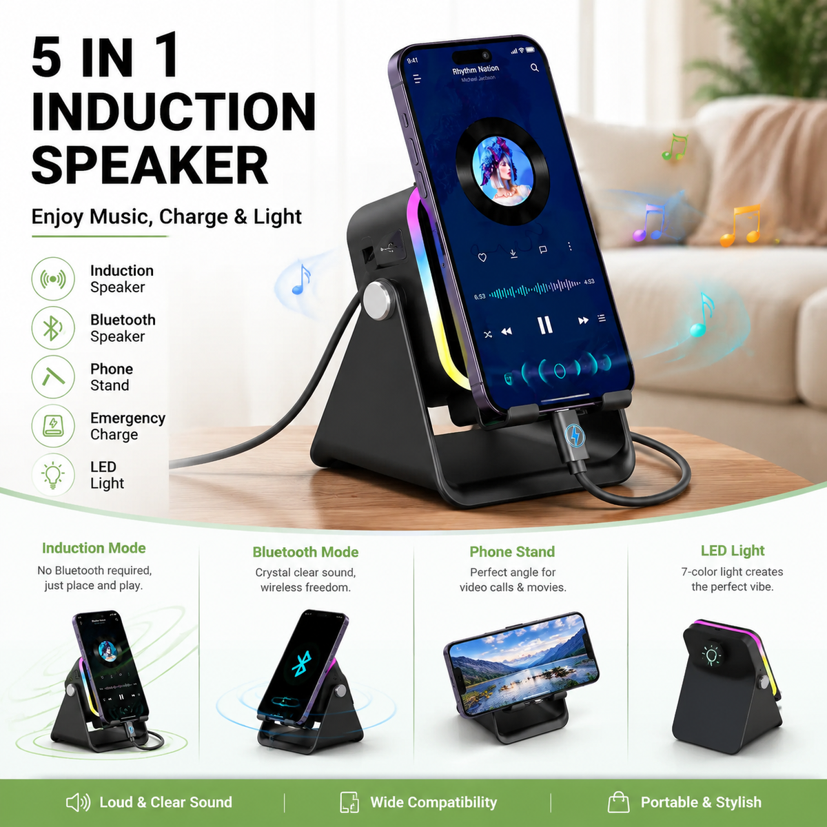 Enceinte Bluetooth intelligente sans fil 5-en-1 – Lecture automatique du téléphone, éclairage RVB, support réglable et batterie externe
