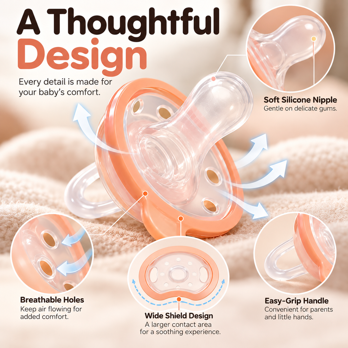 🍼 Tétine pour bébé en silicone effet sein – Design doux et flexible pour apaiser les bébés allaités