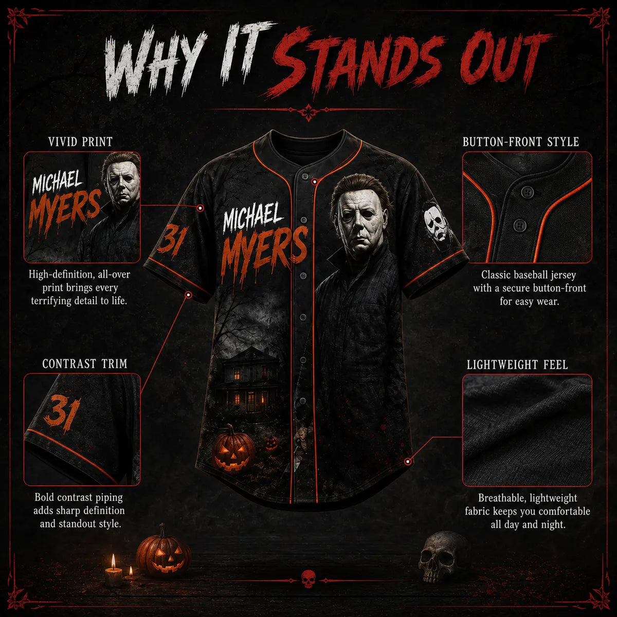 Maillot de baseball horreur slasher, T-shirt avec des personnages de films d’horreur classiques, Uniforme d’Halloween pour une équipe effrayante, Déguisements pour soirée d’Halloween, Cadeaux d’Halloween