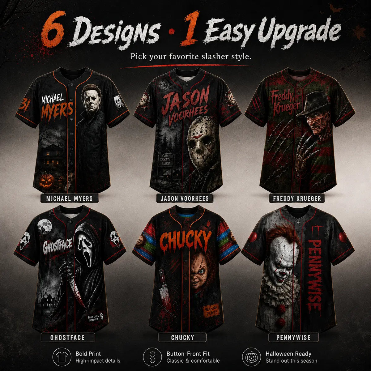 Maillot de baseball horreur slasher, T-shirt avec des personnages de films d’horreur classiques, Uniforme d’Halloween pour une équipe effrayante, Déguisements pour soirée d’Halloween, Cadeaux d’Halloween
