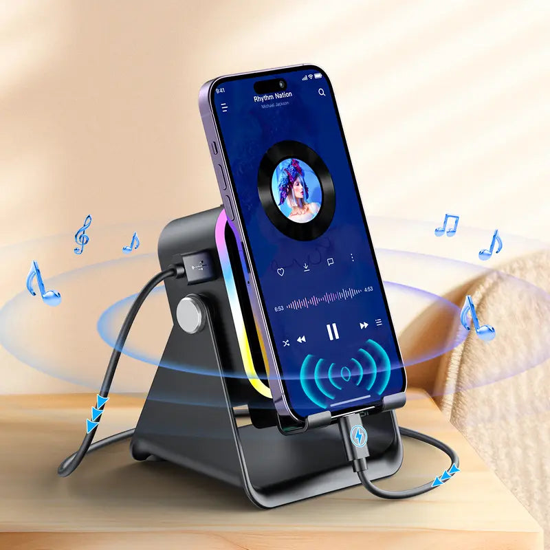 Enceinte Bluetooth intelligente sans fil 5-en-1 – Lecture automatique du téléphone, éclairage RVB, support réglable et batterie externe