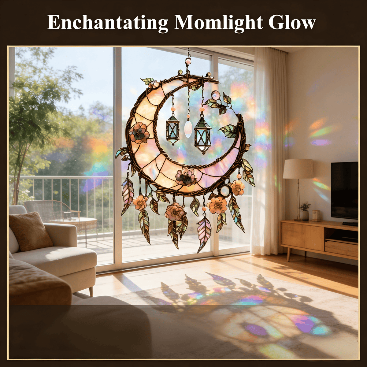 🌙Décoration de fenêtre peinte à la main avec lune et fleurs💖