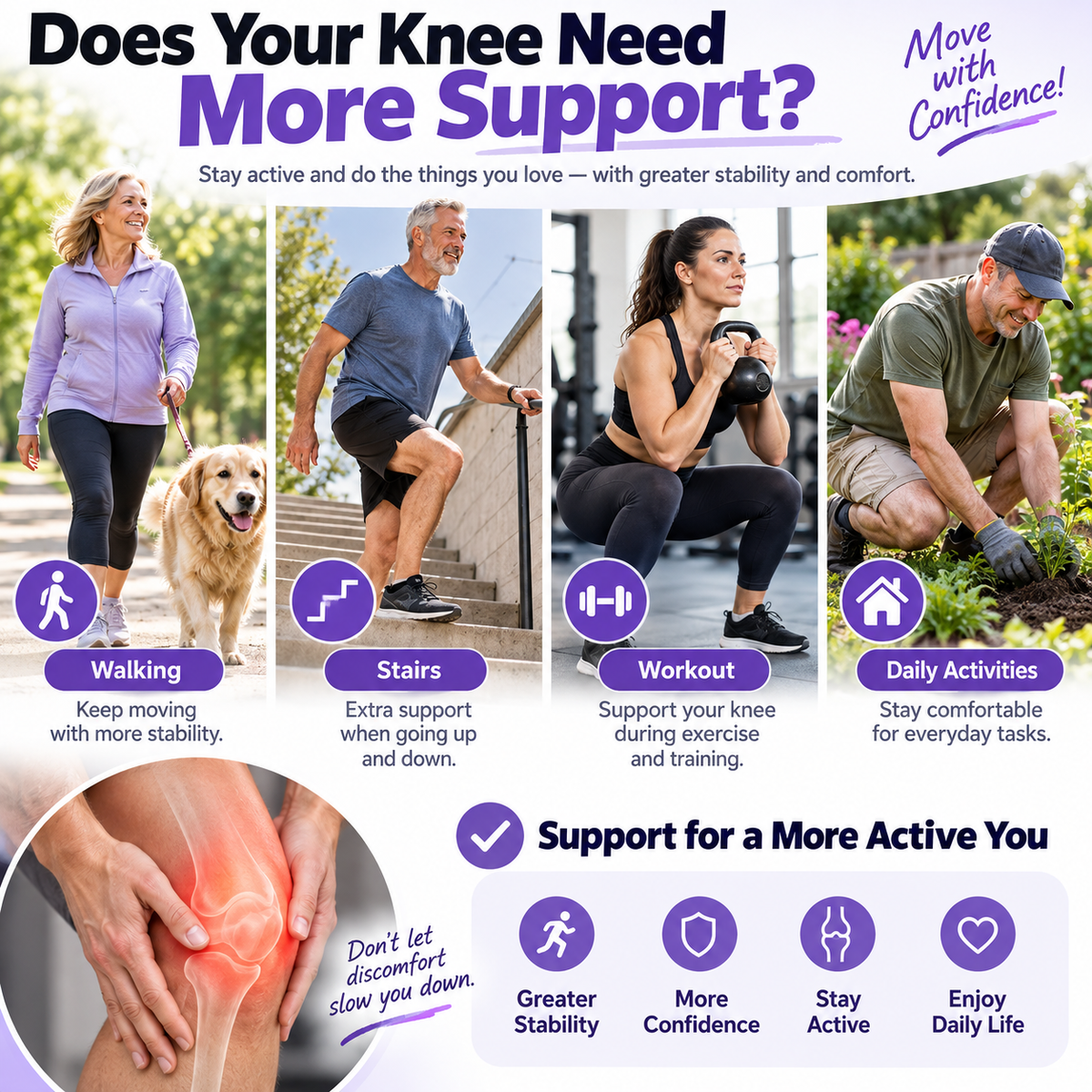 💜 Adjustable Open-Patella Knee Support Brace – Flexible Stabilizers & Custom Compression