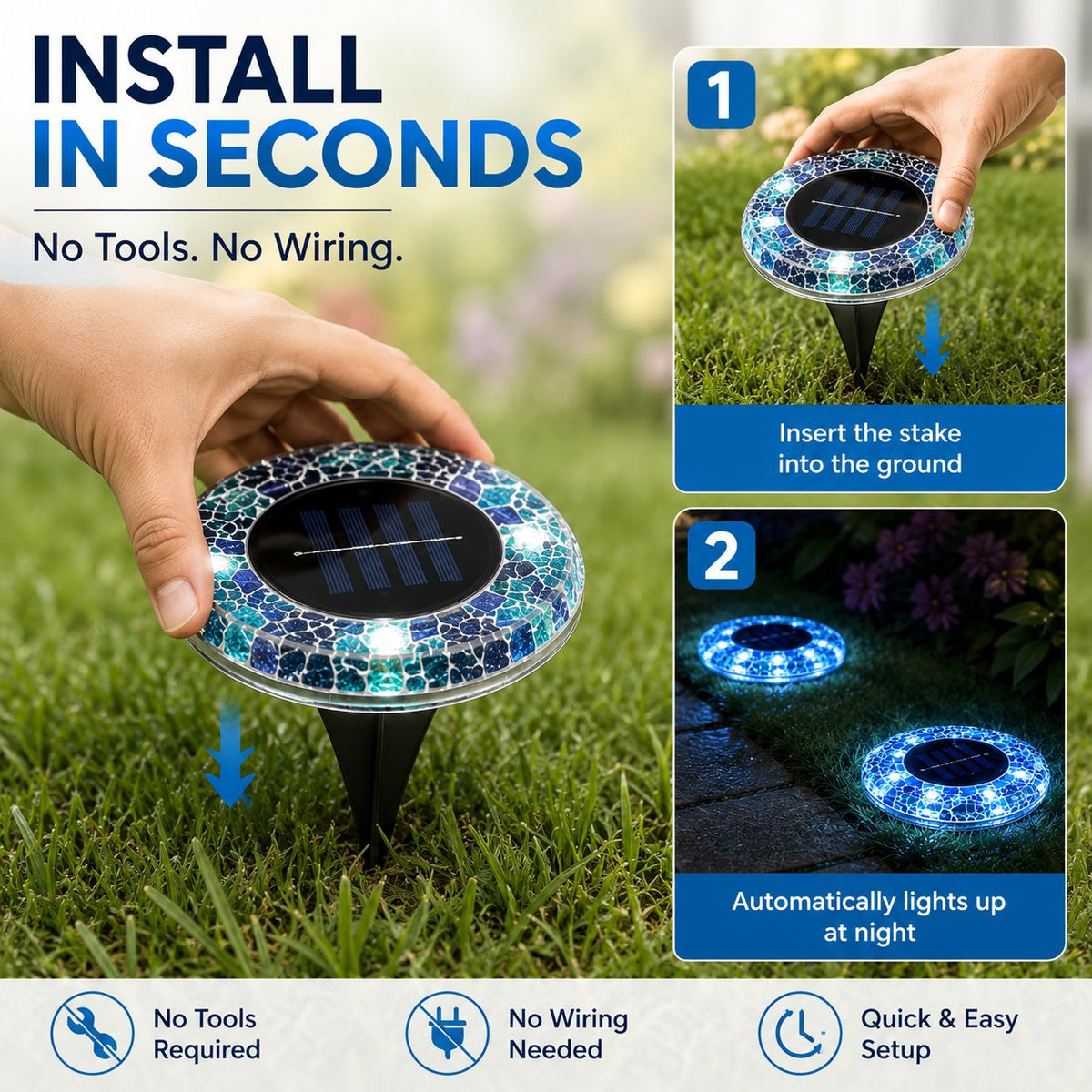 Lampes solaires LED en forme de disque en mosaïque pour allée extérieure