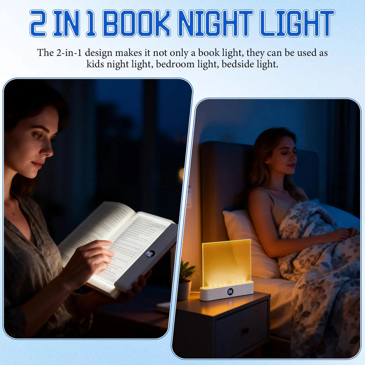 Lampe de lecture LED intelligente – Rechargeable, luminosité réglable et fonction minuterie, lampe de chevet au design plat pour une lecture nocturne confortable et cadeau original pour lecteur