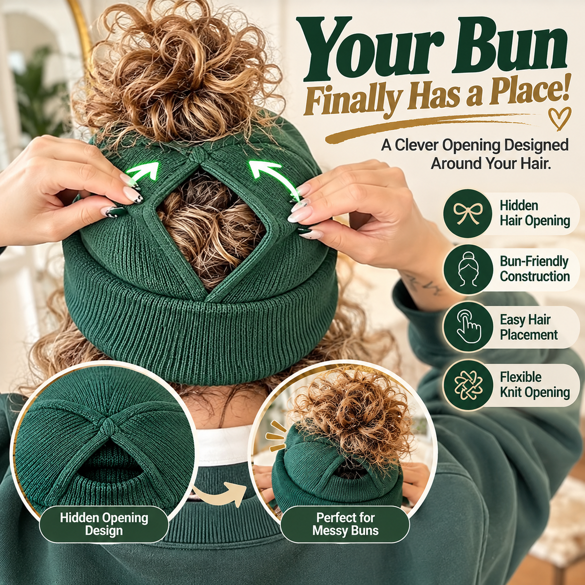 Messy Bun Beanie – Stretchy Ribbed Knit Hat with Hidden Ponytail Opening for Curly Hair & Winter Style ✨