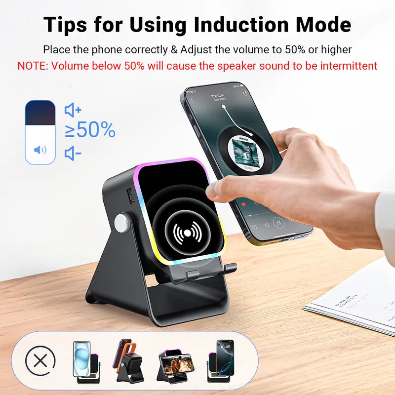 Enceinte Bluetooth intelligente sans fil 5-en-1 – Lecture automatique du téléphone, éclairage RVB, support réglable et batterie externe