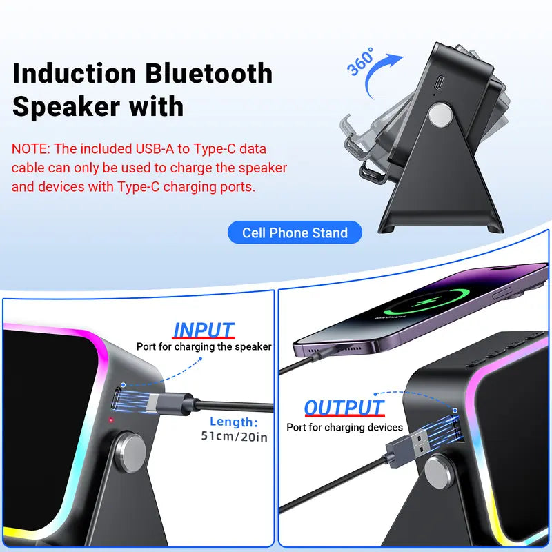 Enceinte Bluetooth intelligente sans fil 5-en-1 – Lecture automatique du téléphone, éclairage RVB, support réglable et batterie externe