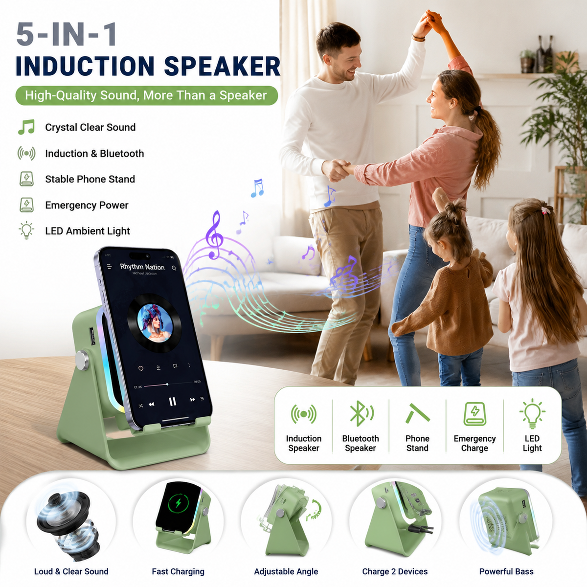 Enceinte Bluetooth intelligente sans fil 5-en-1 – Lecture automatique du téléphone, éclairage RVB, support réglable et batterie externe