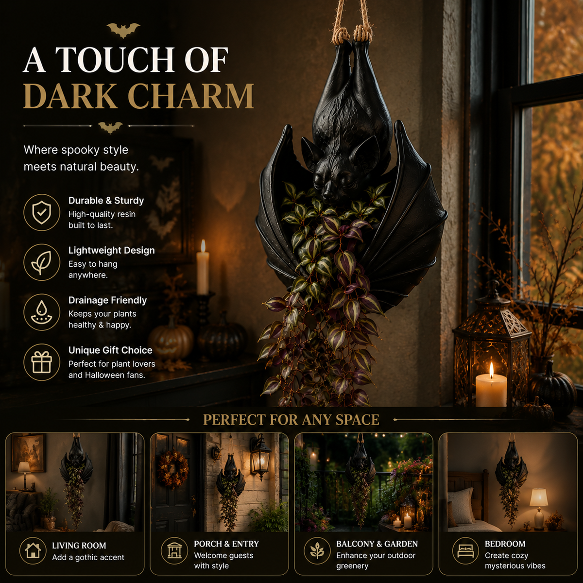 🦇 Jardinière chauve-souris suspendue — Décoration murale botanique gothique