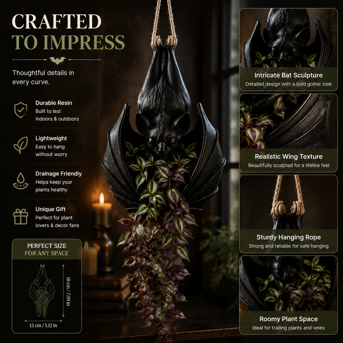 🦇 Jardinière chauve-souris suspendue — Décoration murale botanique gothique