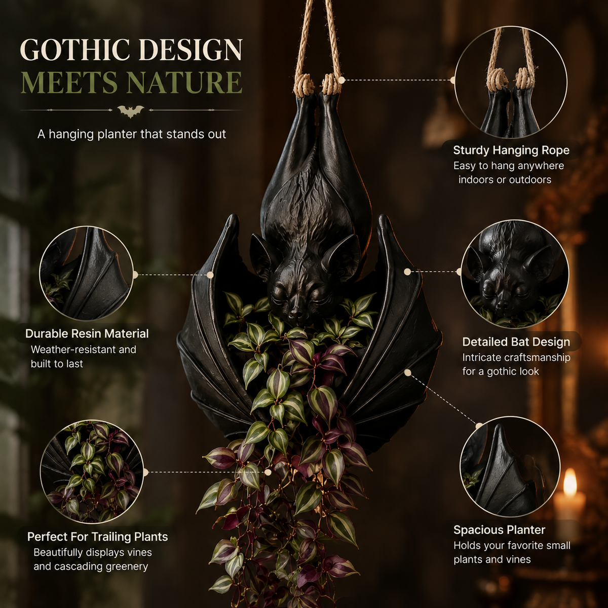 🦇 Jardinière chauve-souris suspendue — Décoration murale botanique gothique
