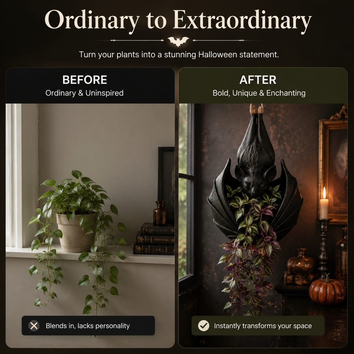 🦇 Jardinière chauve-souris suspendue — Décoration murale botanique gothique