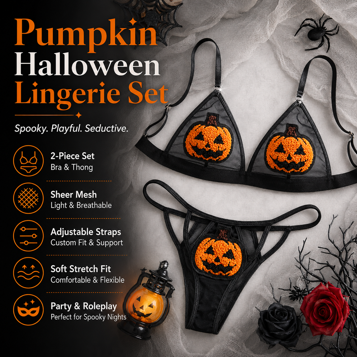 🎃 Ensemble de lingerie transparente citrouille à paillettes – Tenue deux pièces pour Halloween