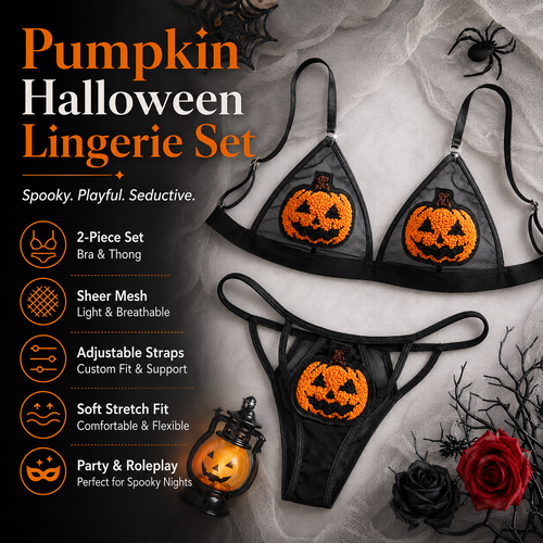 🎃 Ensemble de lingerie transparente citrouille à paillettes – Tenue deux pièces pour Halloween