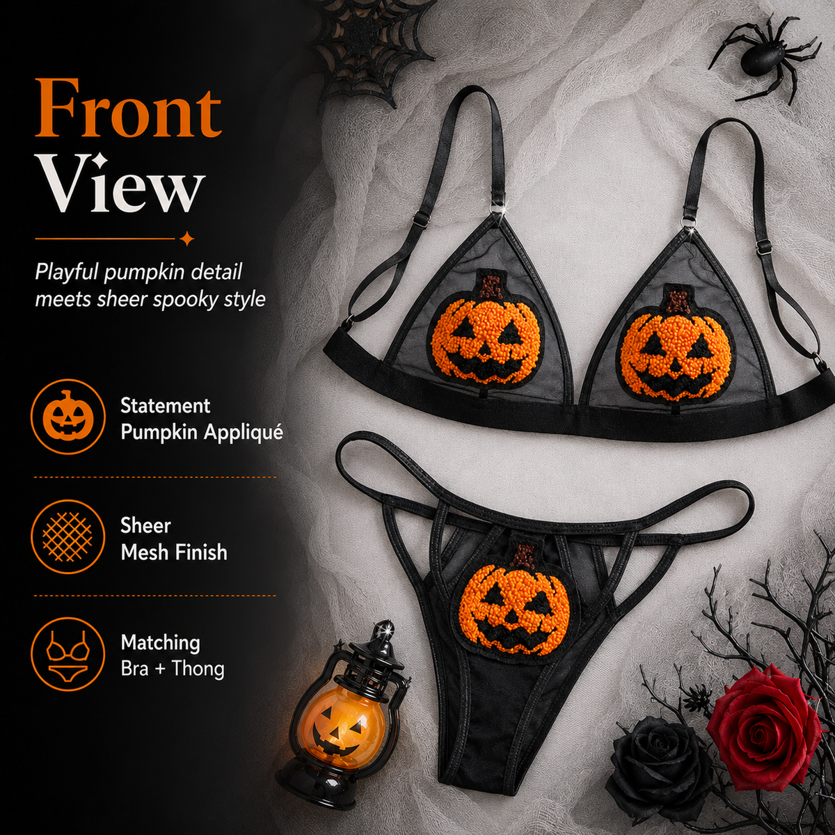🎃 Ensemble de lingerie transparente citrouille à paillettes – Tenue deux pièces pour Halloween