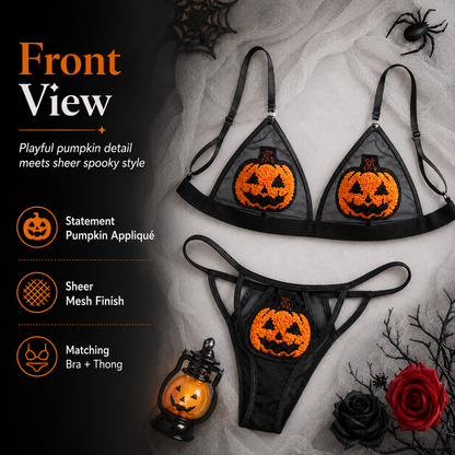 🎃 Ensemble de lingerie transparente citrouille à paillettes – Tenue deux pièces pour Halloween