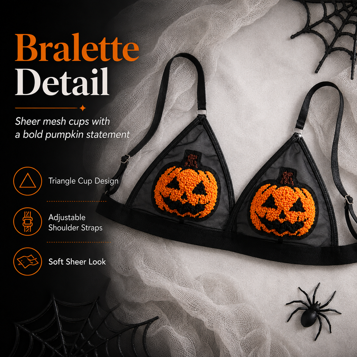 🎃 Ensemble de lingerie transparente citrouille à paillettes – Tenue deux pièces pour Halloween