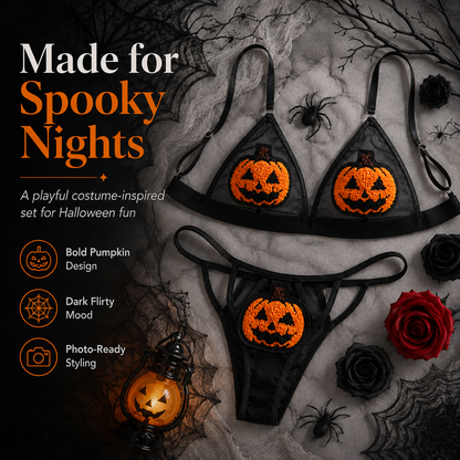 🎃 Ensemble de lingerie transparente citrouille à paillettes – Tenue deux pièces pour Halloween