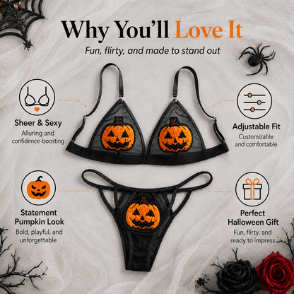 🎃 Ensemble de lingerie transparente citrouille à paillettes – Tenue deux pièces pour Halloween