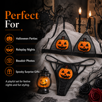 🎃 Ensemble de lingerie transparente citrouille à paillettes – Tenue deux pièces pour Halloween