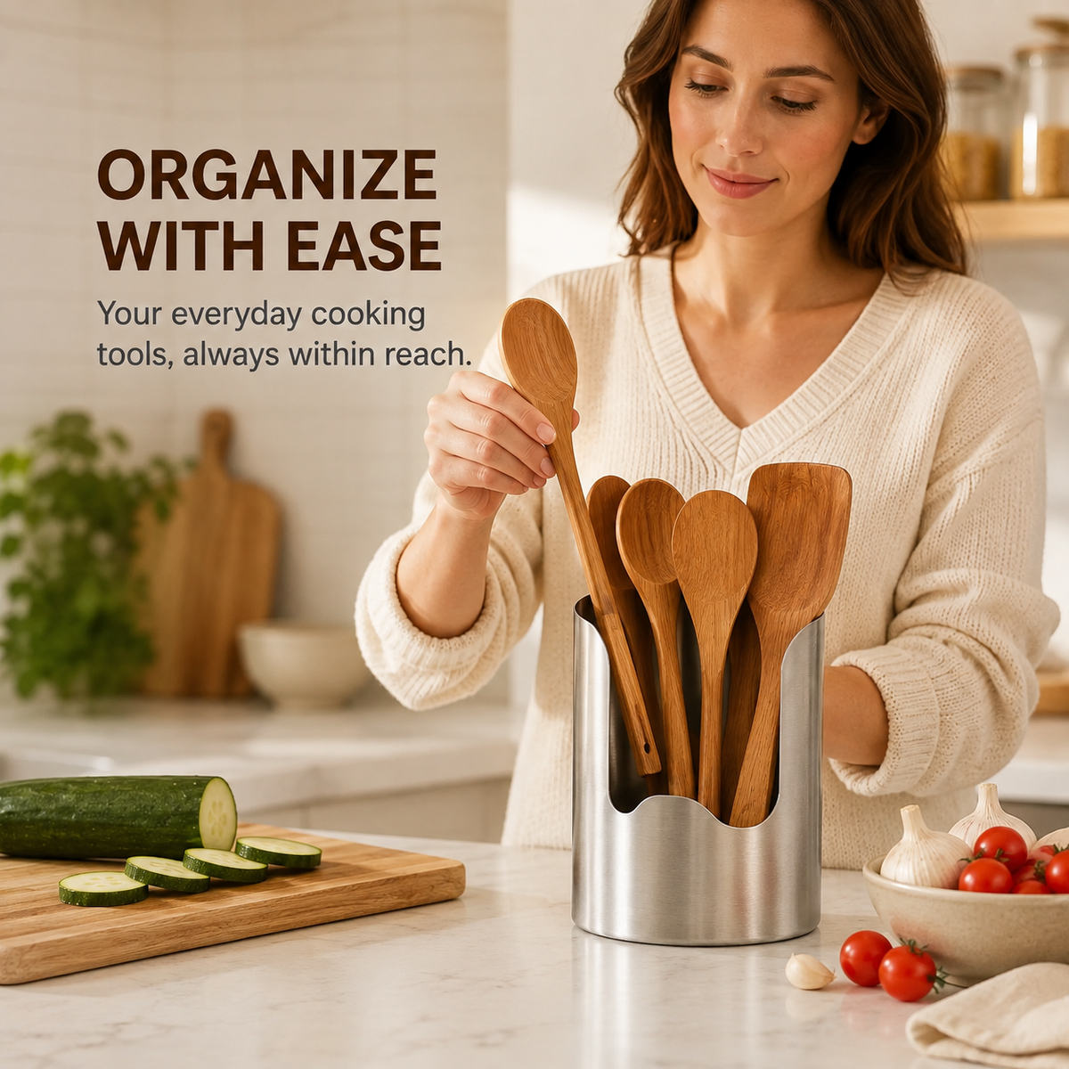 Porte-ustensiles de cuisine en acier inoxydable – Organisateur de plan de travail antirouille pour cuillères, spatules et ustensiles de cuisine