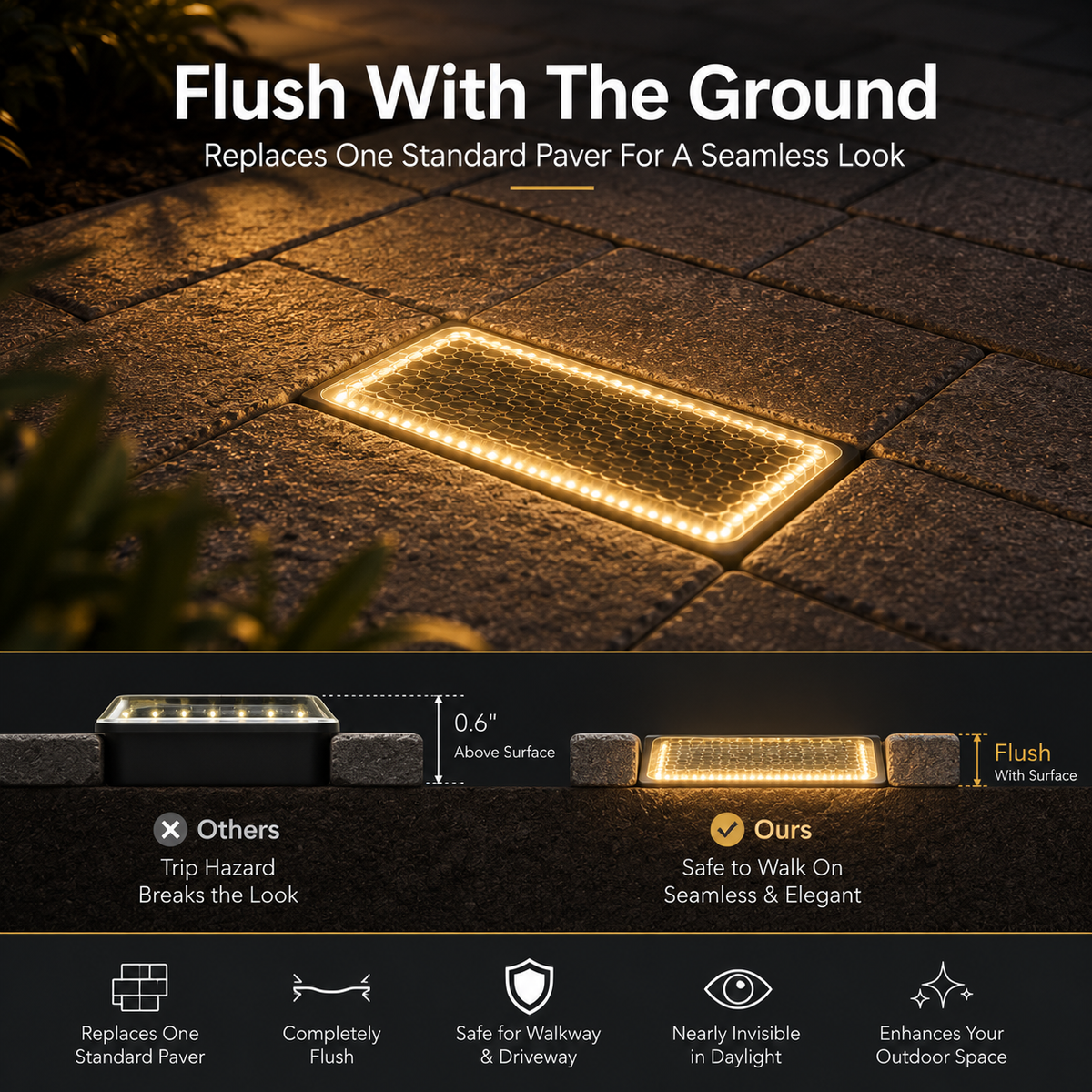 ☀️ Pavés lumineux solaires 4"×8" – Bornes lumineuses encastrées blanc chaud pour allées, chemins et terrasses