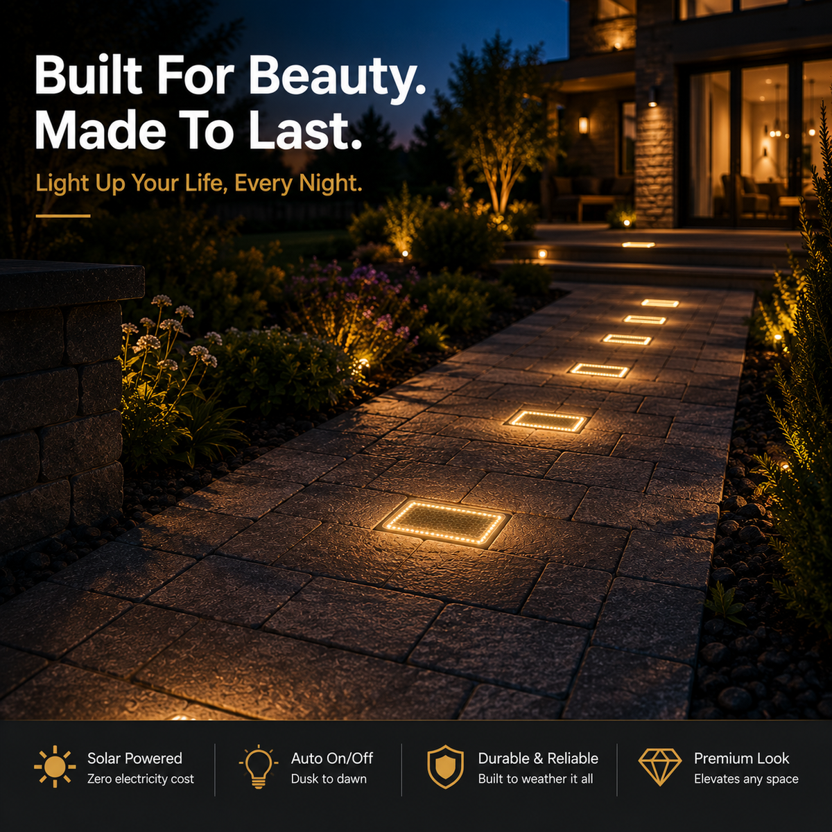 ☀️ Pavés lumineux solaires 4"×8" – Bornes lumineuses encastrées blanc chaud pour allées, chemins et terrasses