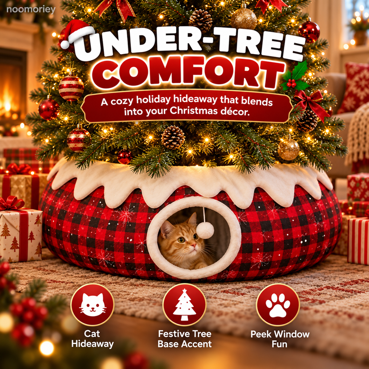 Christmas Tree Skirt Cat Tunnel – Cozy Buffalo Plaid Cat Hideaway with Peek Window & Hanging Pom-Pom Toy