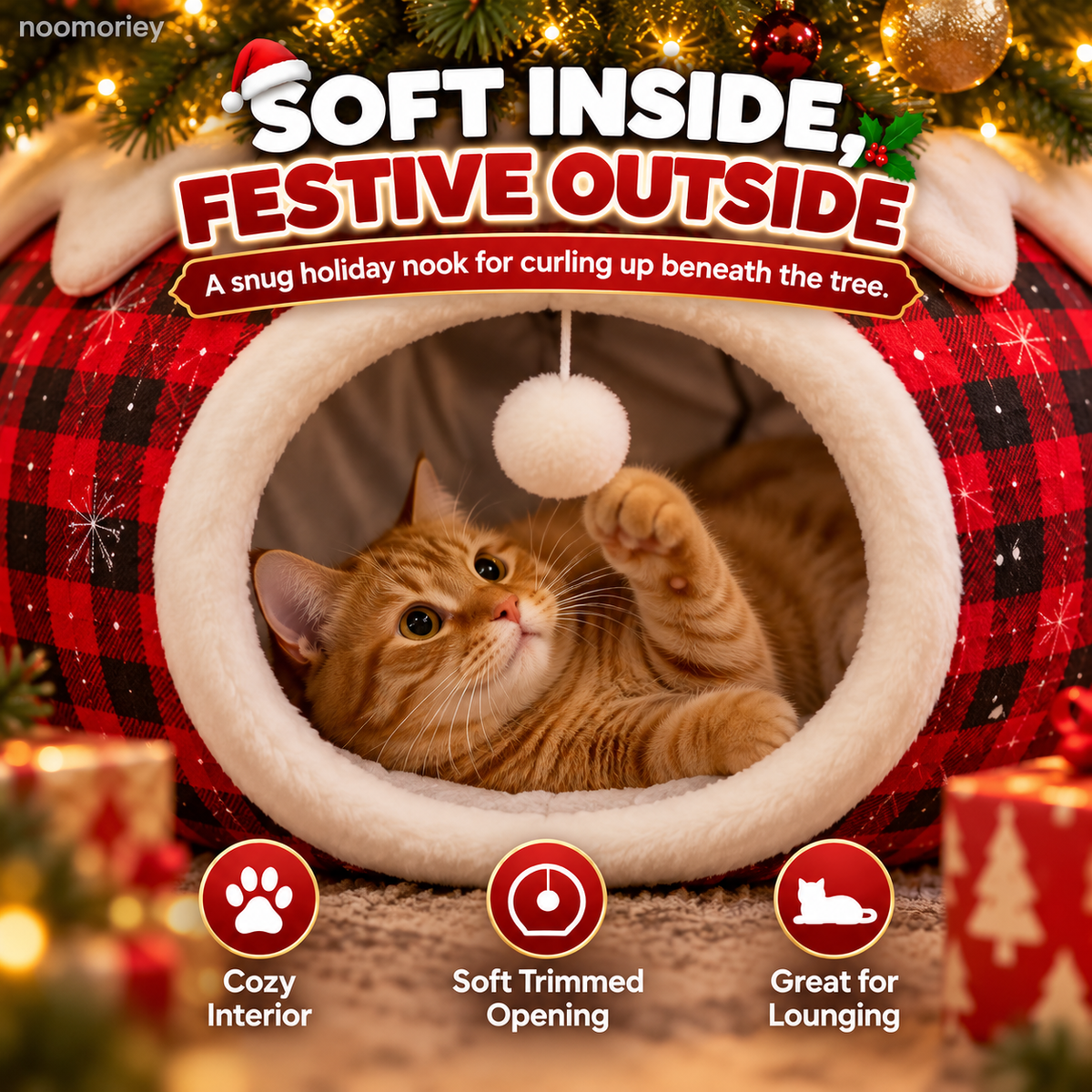 Christmas Tree Skirt Cat Tunnel – Cozy Buffalo Plaid Cat Hideaway with Peek Window & Hanging Pom-Pom Toy