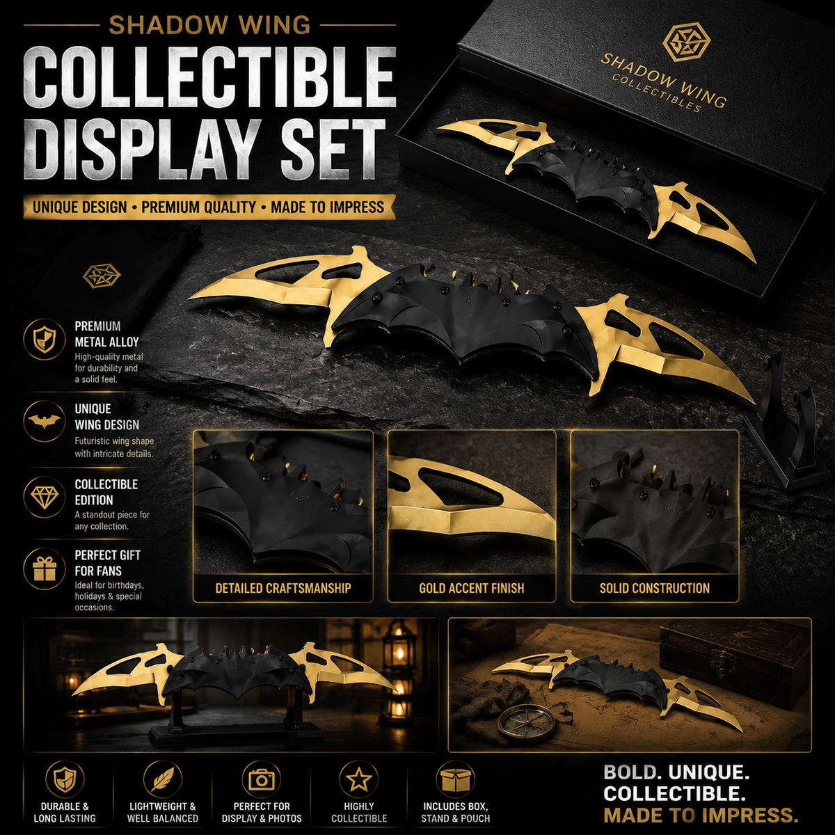 Set de collection Aile Nocturne – Pièce d’art exposée en métal premium (3 finitions)