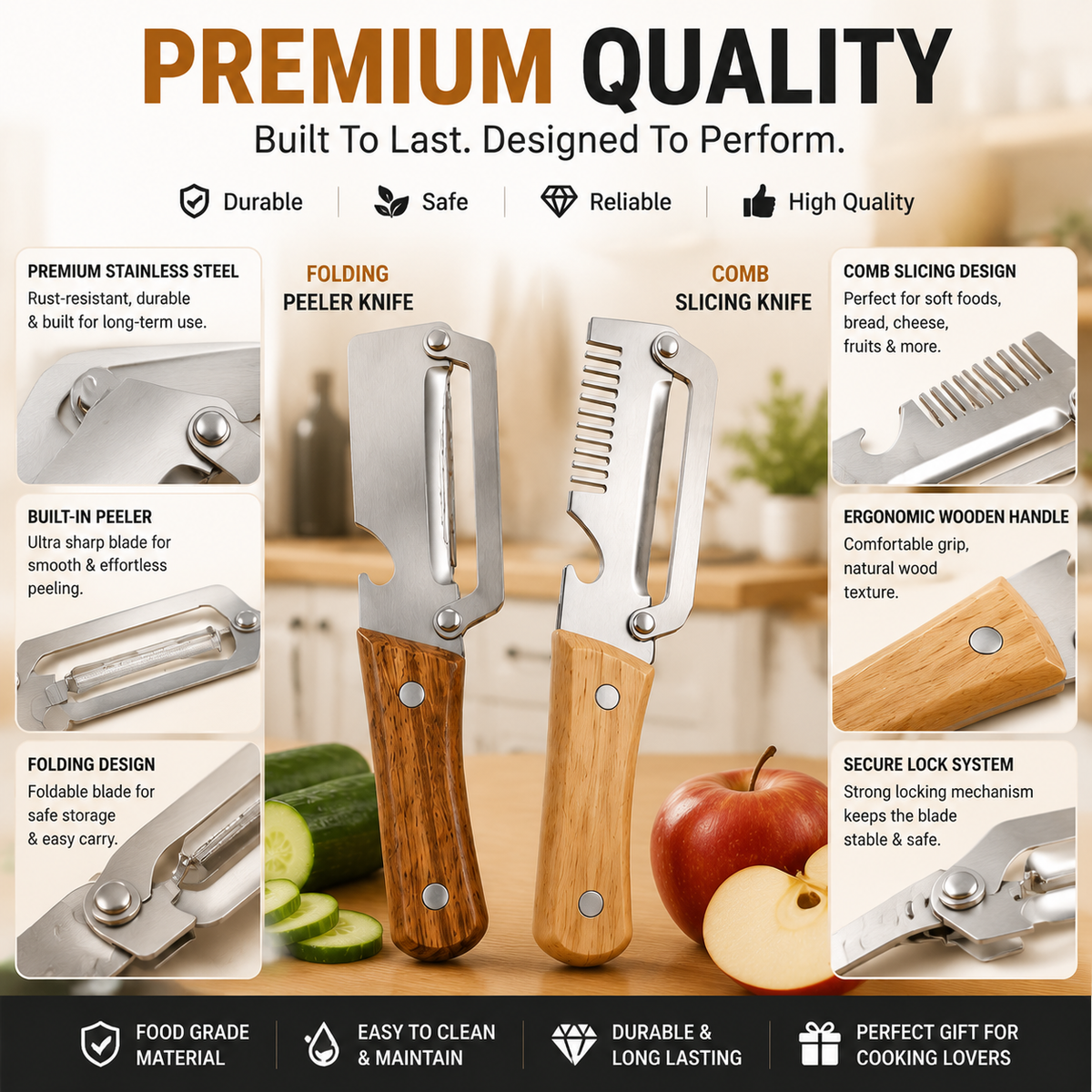 🔥DERNIER JOUR À -50 % -✨ Ensemble de 2 couteaux de cuisine – Couteau éplucheur haut de gamme et couteau à dents pour trancher avec manche en bois